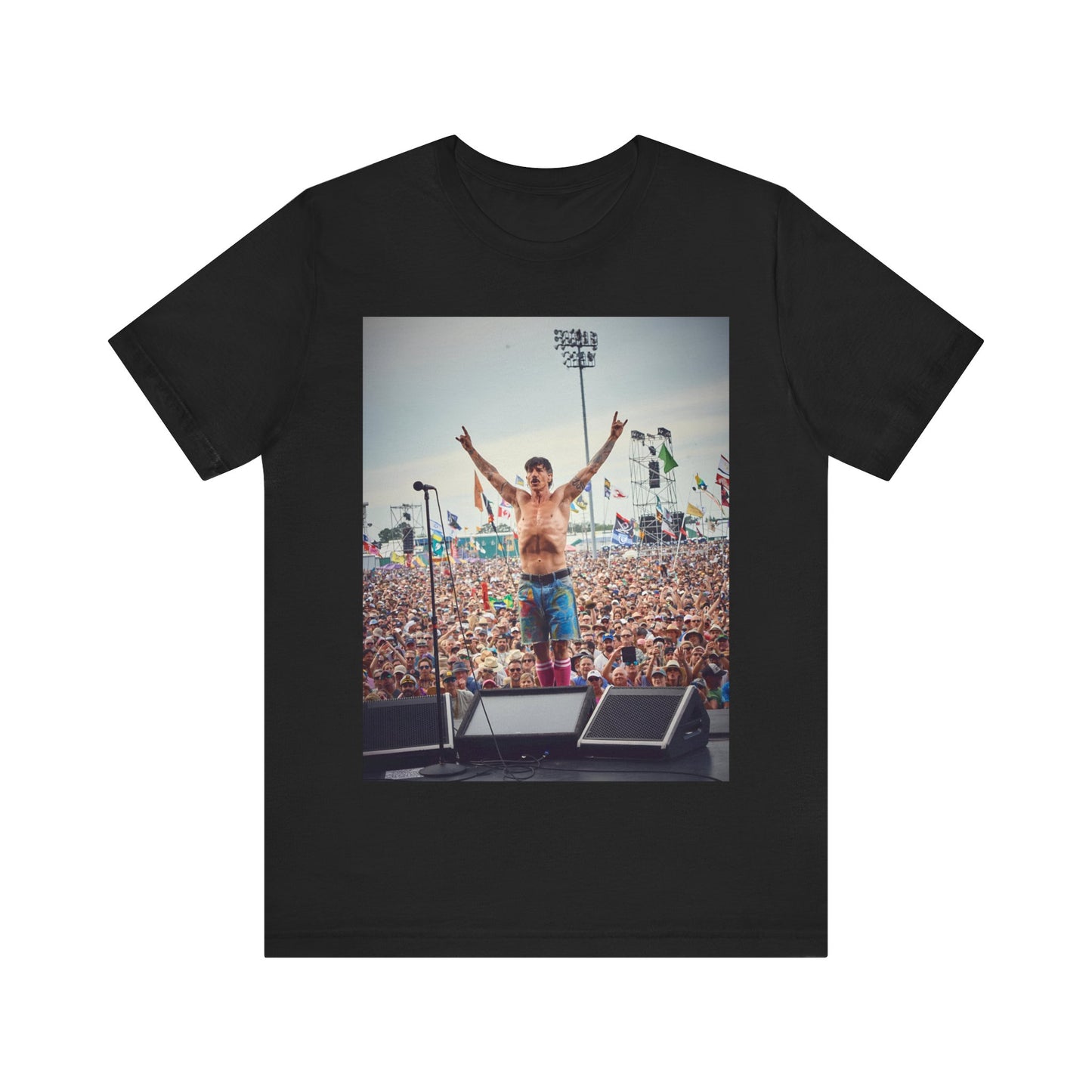 A black graphic t-shirt featuring a concert tour graphic of Red Hot Chili Peppers.