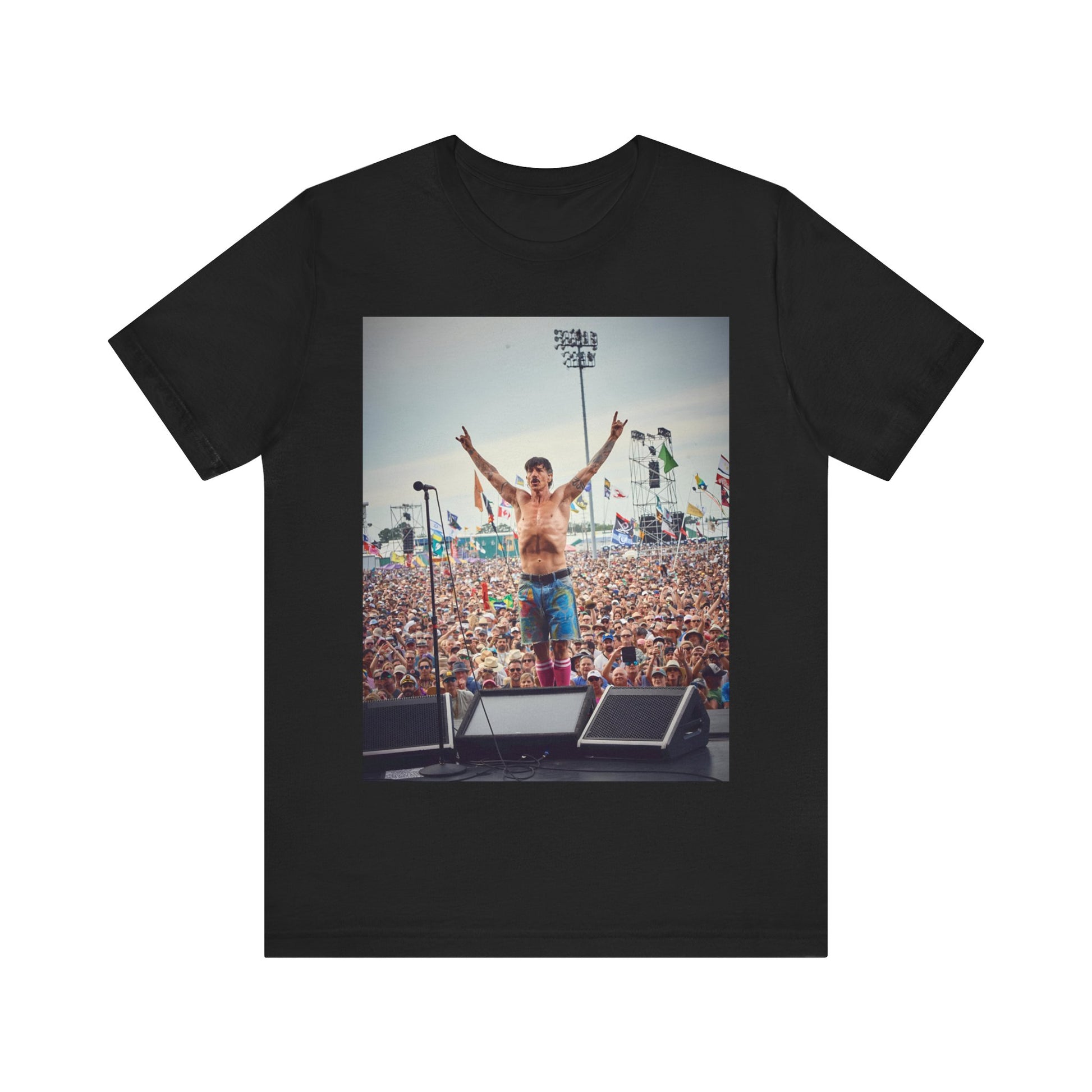 A black graphic t-shirt featuring a concert tour graphic of Red Hot Chili Peppers.