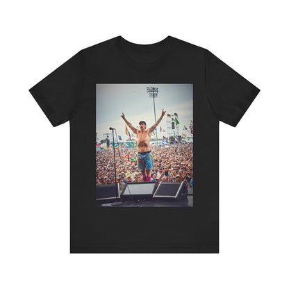 A black graphic t-shirt featuring a concert tour graphic of Red Hot Chili Peppers.