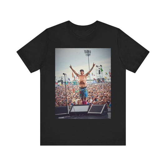A black graphic t-shirt featuring a concert tour graphic of Red Hot Chili Peppers.
