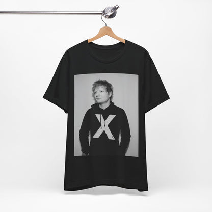 A black graphic t-shirt featuring a black and white graphic related to Ed Sheeran's album 'X'.
