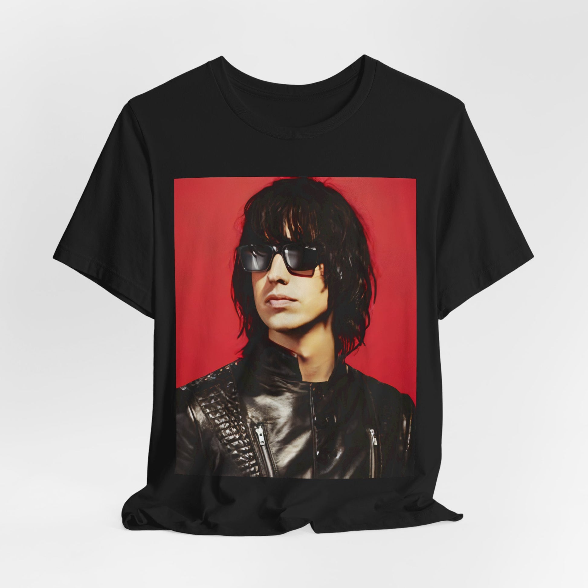 A black graphic t-shirt featuring a 2000s indie aesthetic graphic of Julian Casablancas from The Strokes.