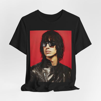 A black graphic t-shirt featuring a 2000s indie aesthetic graphic of Julian Casablancas from The Strokes.