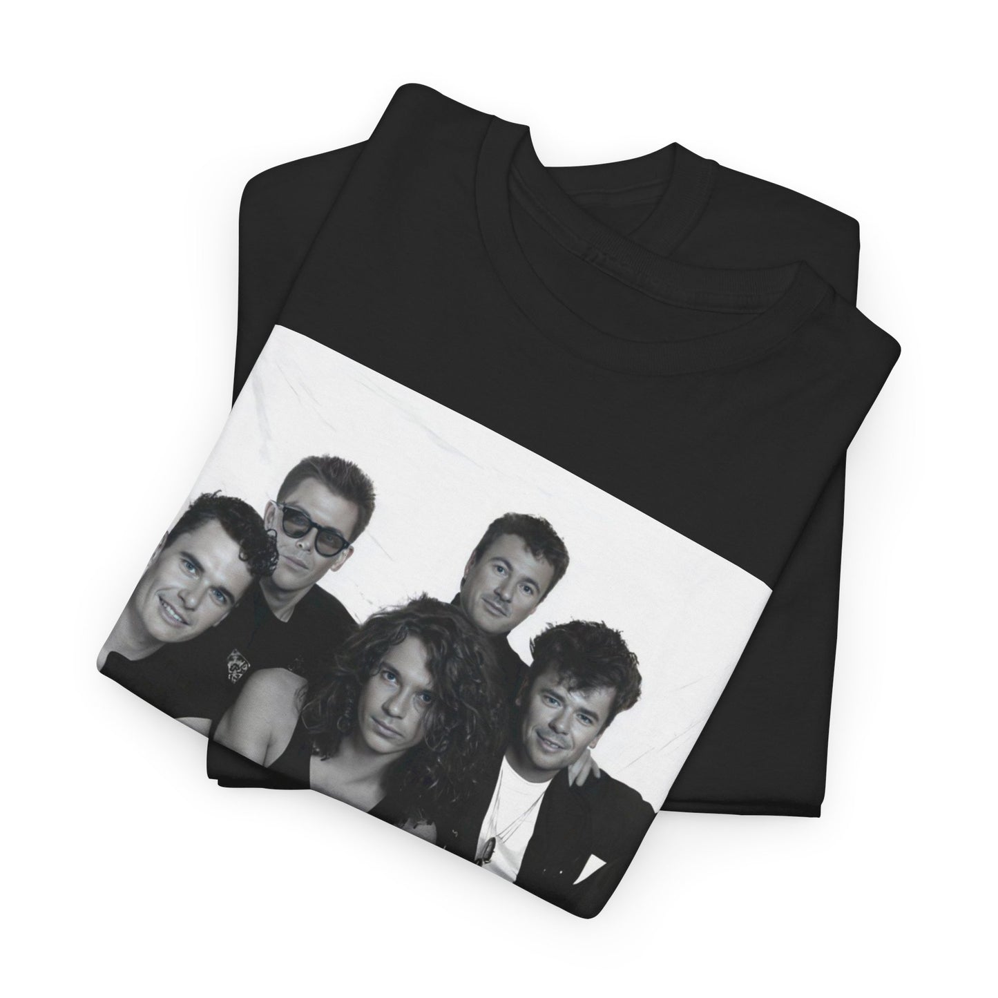 A black graphic t-shirt featuring an 80s rock aesthetic graphic of INXS.