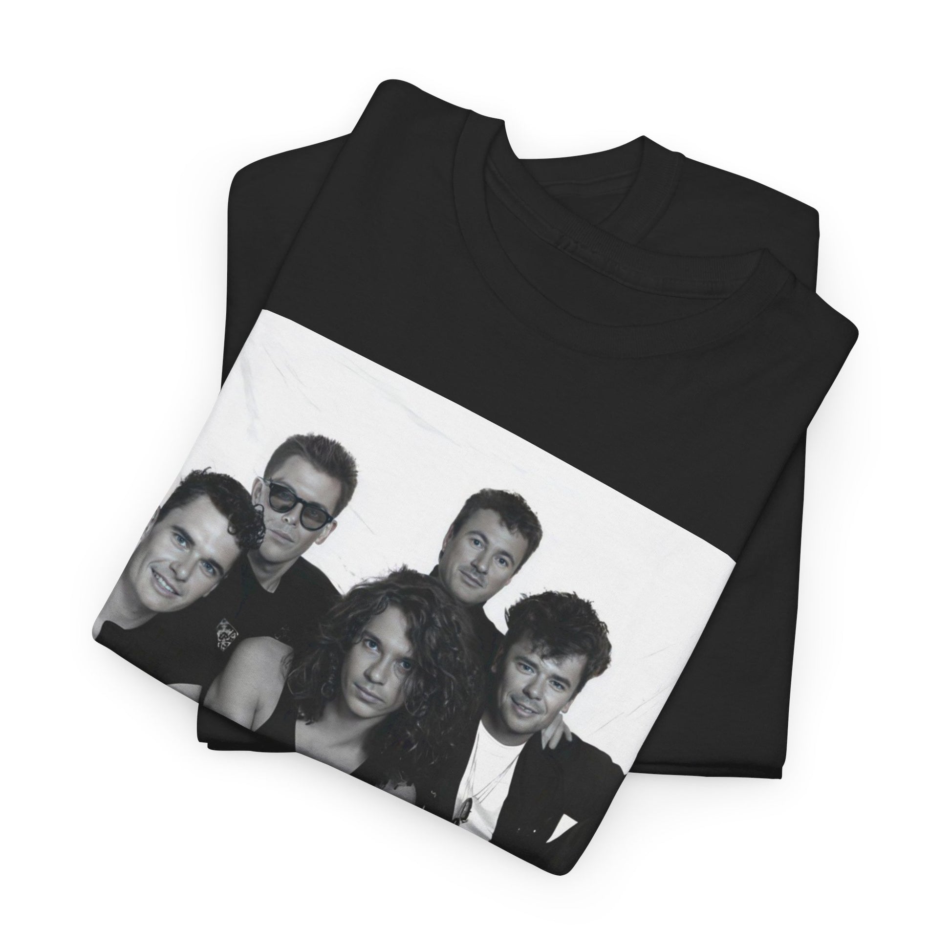 A black graphic t-shirt featuring an 80s rock aesthetic graphic of INXS.