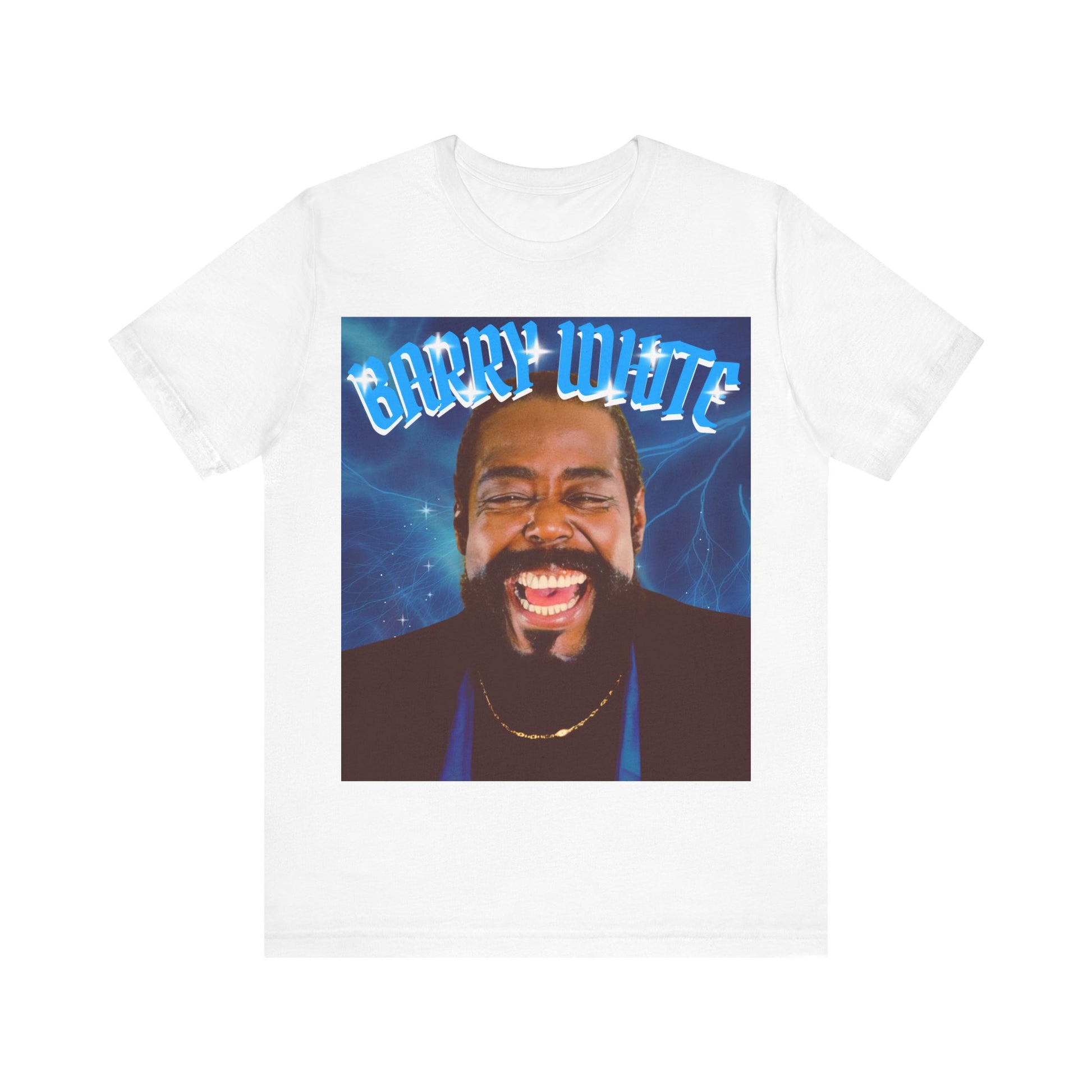 A black graphic t-shirt featuring a vintage 70s-style graphic of Barry White, emphasizing his smooth, iconic look.