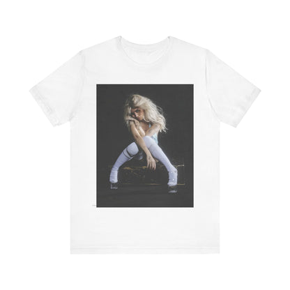 A black graphic t-shirt featuring a graphic of Nessa Barrett with dark pop vibes aesthetic.