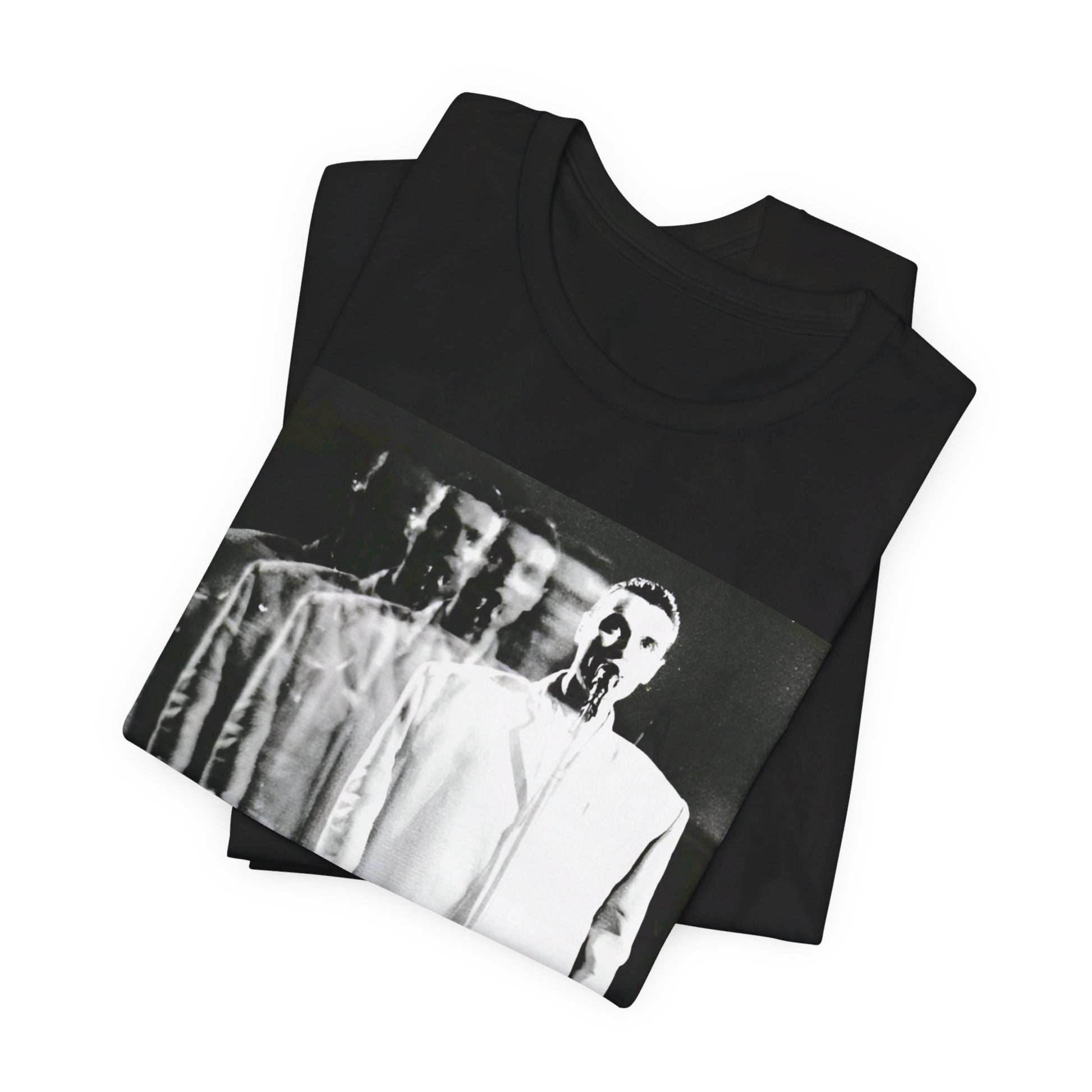 A black graphic t-shirt featuring a graphic of David Byrne from Talking Heads in his iconic 'big suit'.