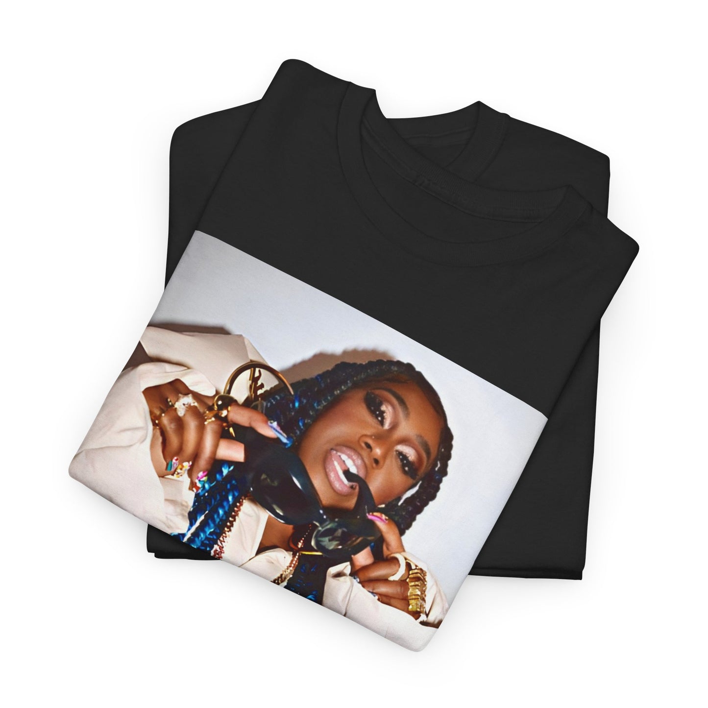 A black graphic t-shirt featuring a retro graphic related to Missy Elliott's 'Supa Dupa Fly' album era.