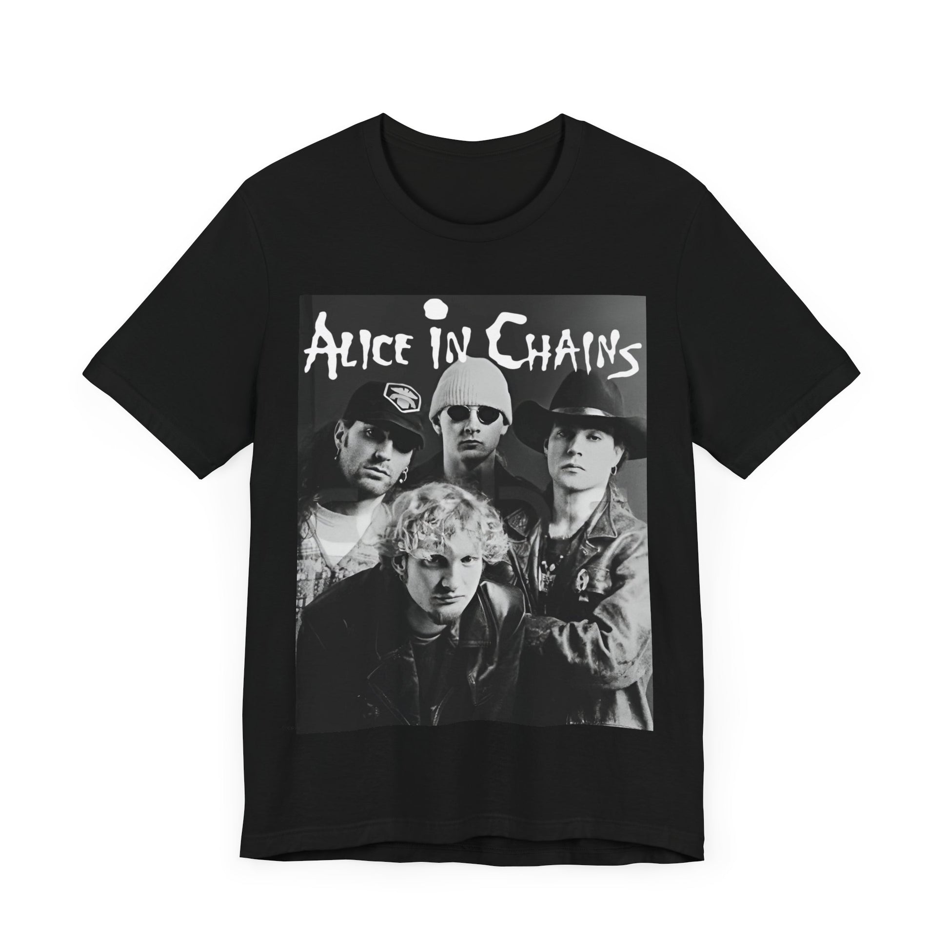 A black graphic t-shirt featuring a black and white photographic portrait of the band Alice In Chains, capturing their iconic grunge look.