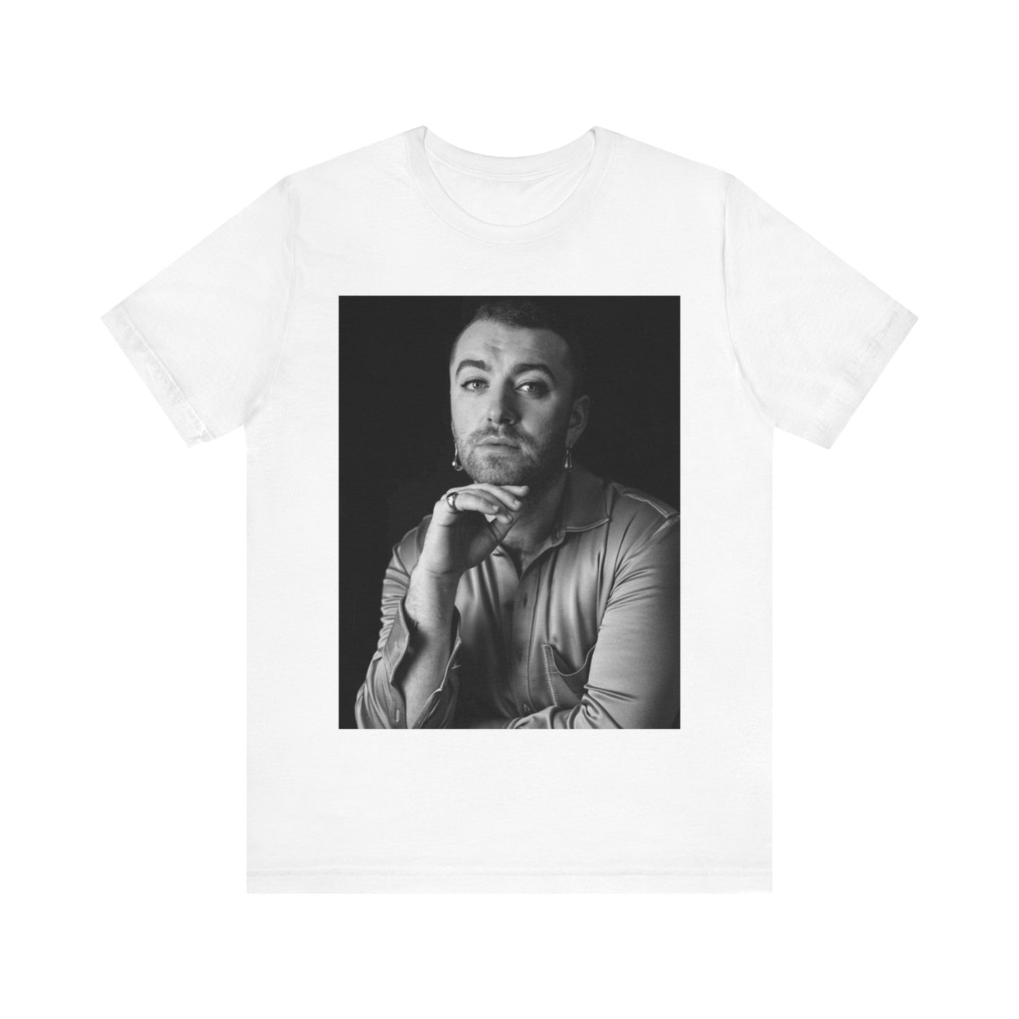 A black graphic t-shirt featuring a black and white portrait photo of Sam Smith.