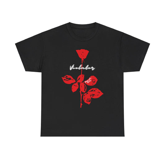 A black graphic t-shirt featuring a graphic related to Depeche Mode's 'Violator' album.