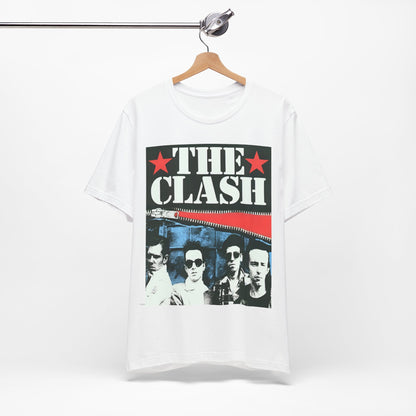 A black graphic t-shirt featuring a casual punk fan graphic of The Clash.
