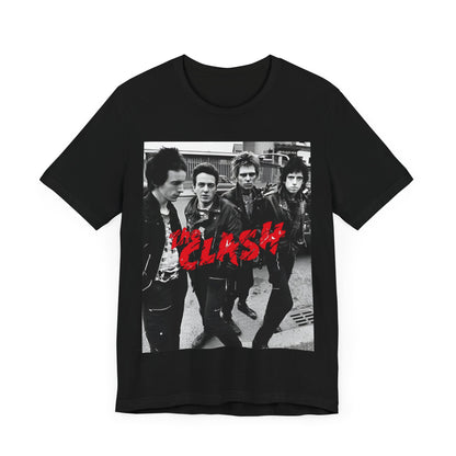 A black graphic t-shirt featuring a graphic of The Clash as punk rock pioneers.