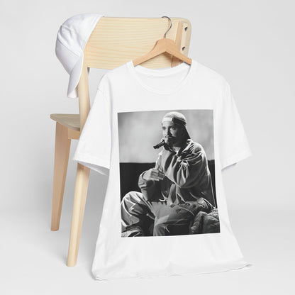 A black graphic t-shirt featuring a black and white graphic of Eminem as a 'Rap Messiah'.
