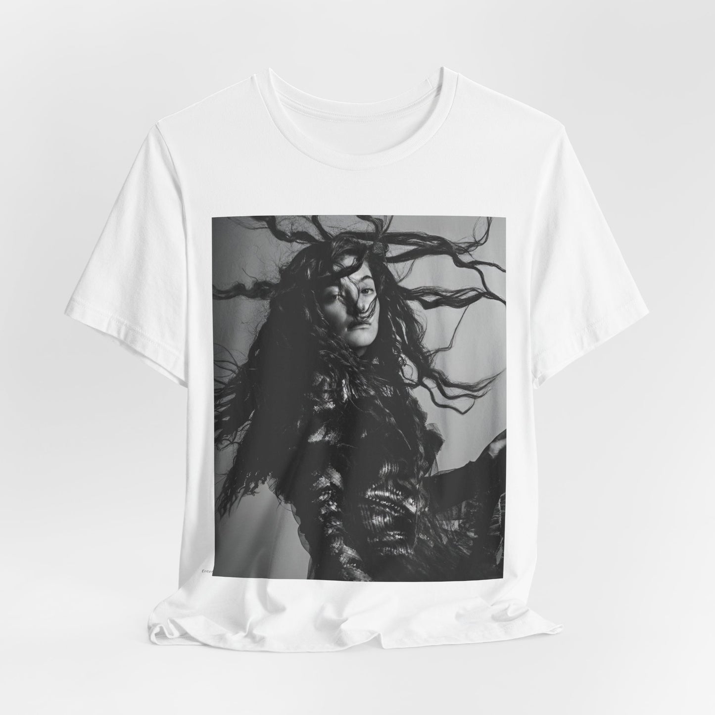 A black graphic t-shirt featuring a black and white retro photo or graphic of Lorde.