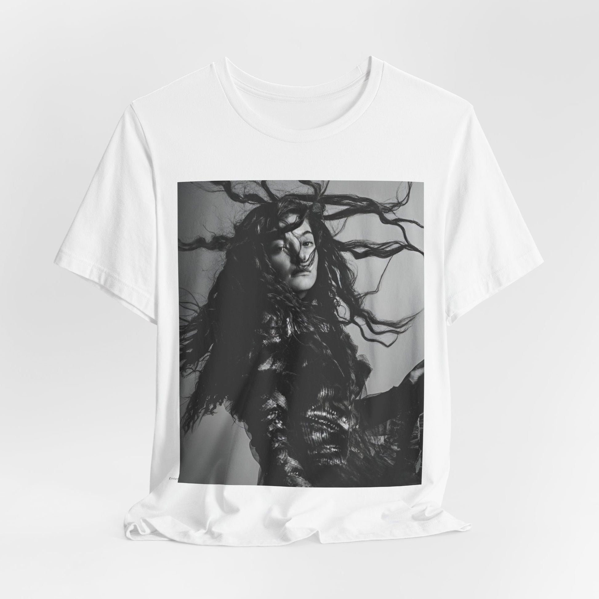 A black graphic t-shirt featuring a black and white retro photo or graphic of Lorde.
