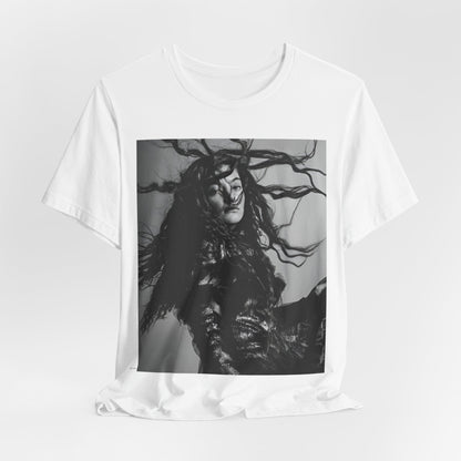 A black graphic t-shirt featuring a black and white retro photo or graphic of Lorde.