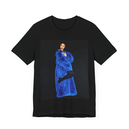 A black graphic t-shirt featuring a photo of Cardi B, possibly with blue velvet elements or a luxurious blue aesthetic.