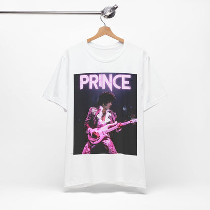 A black graphic t-shirt featuring an 80s pop genius graphic of Prince.