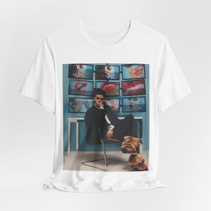 A black graphic t-shirt featuring an aesthetic graphic of The Weeknd.