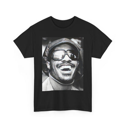 A black graphic t-shirt featuring a black and white portrait photo of Stevie Wonder.