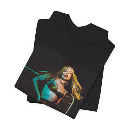 A black graphic t-shirt featuring a neon pop art style graphic of Ava Max, with bright, glowing colors and possibly a 'Pop Queen' title.
