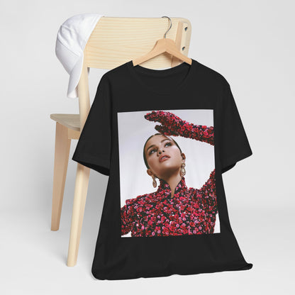 A black graphic t-shirt featuring a classic aesthetic graphic of Selena Gomez.