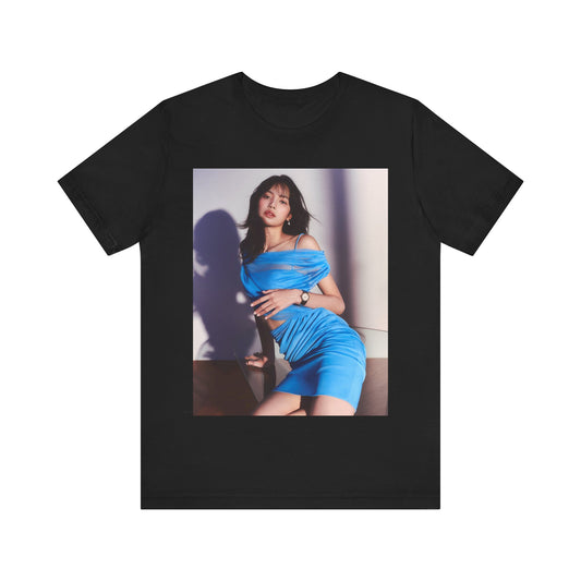 A black graphic t-shirt featuring a bold K-Pop superstar graphic of Lisa.