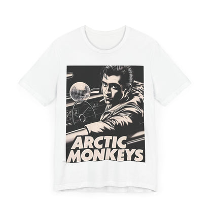 A black graphic t-shirt featuring a graphic of Arctic Monkeys from the 2000s, evoking an indie rock aesthetic.