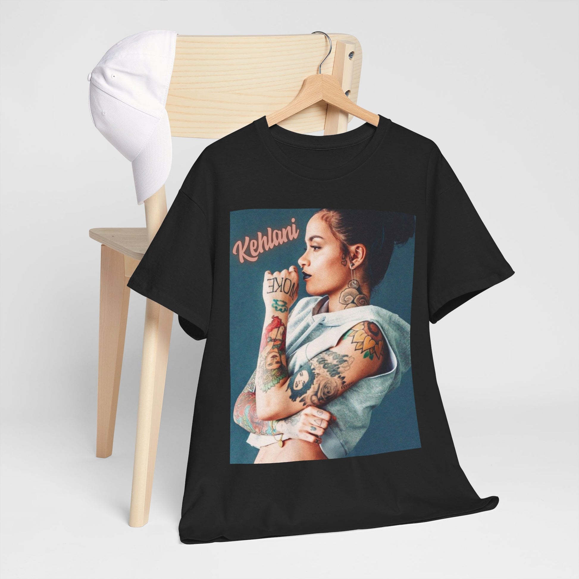 A black graphic t-shirt featuring a graphic related to Kehlani's 'Gangsta' song from the Suicide Squad era.