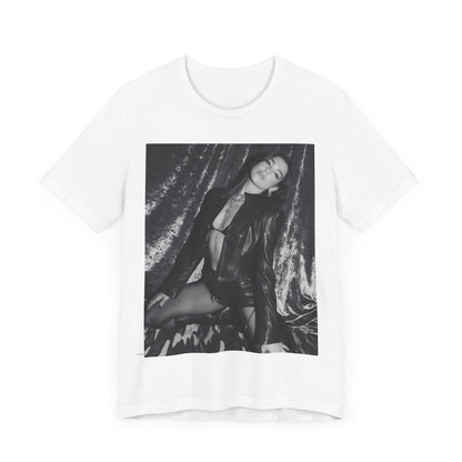 A black graphic t-shirt featuring a black and white portrait photo of Dua Lipa.