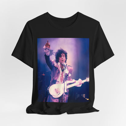 A black graphic t-shirt featuring a boxy graphic with a 'Purple Rain' vibe related to Prince.