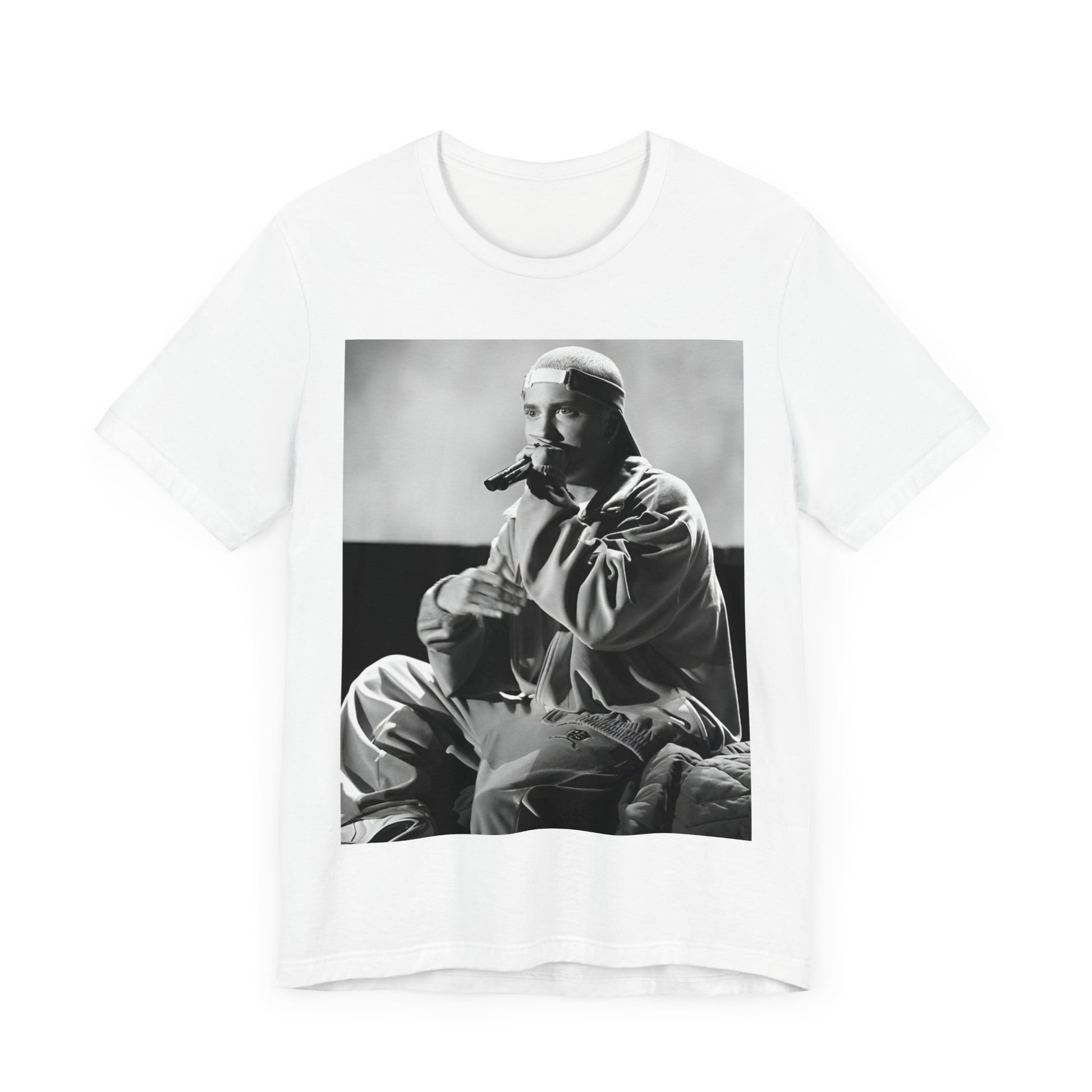 A black graphic t-shirt featuring a black and white graphic of Eminem as a 'Rap Messiah'.