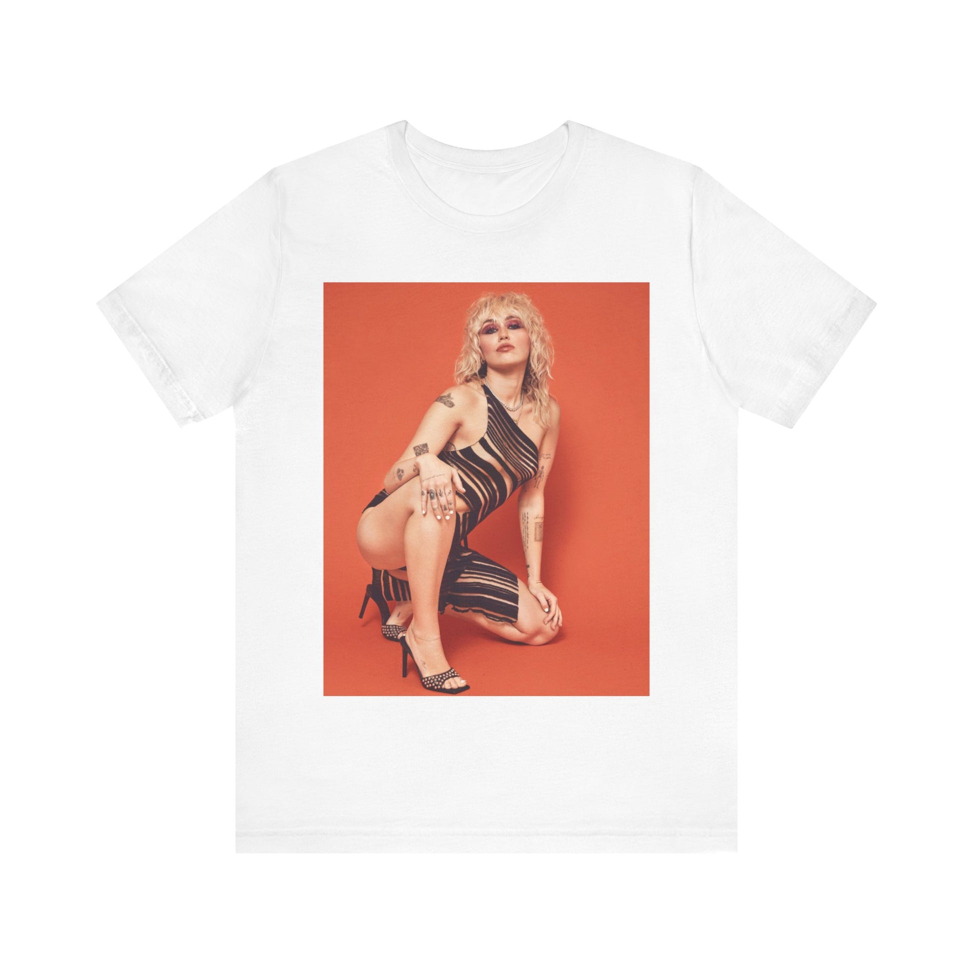 A black graphic t-shirt featuring a casual pop fan graphic of Miley Cyrus.