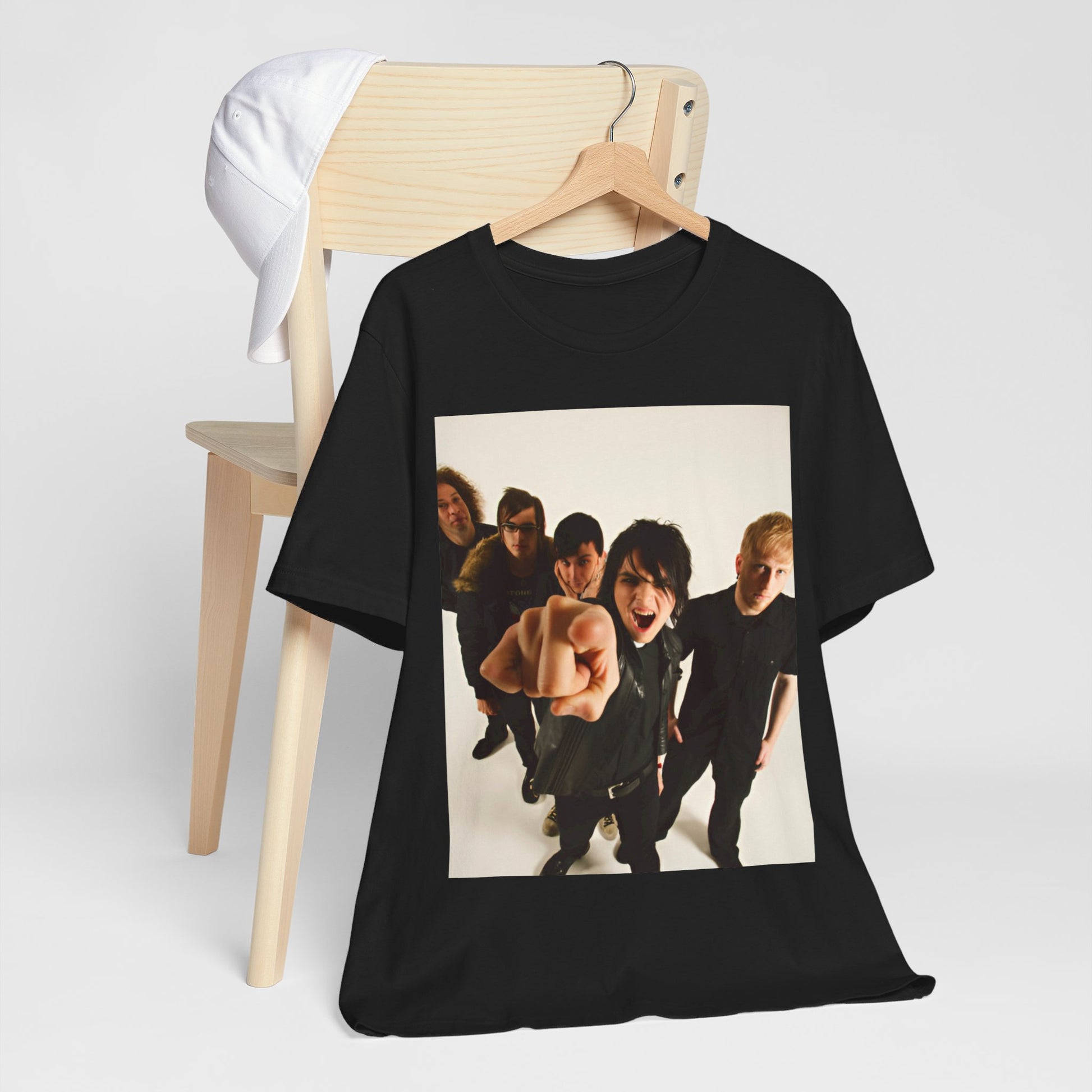 A black graphic t-shirt featuring a retro rock graphic of My Chemical Romance.
