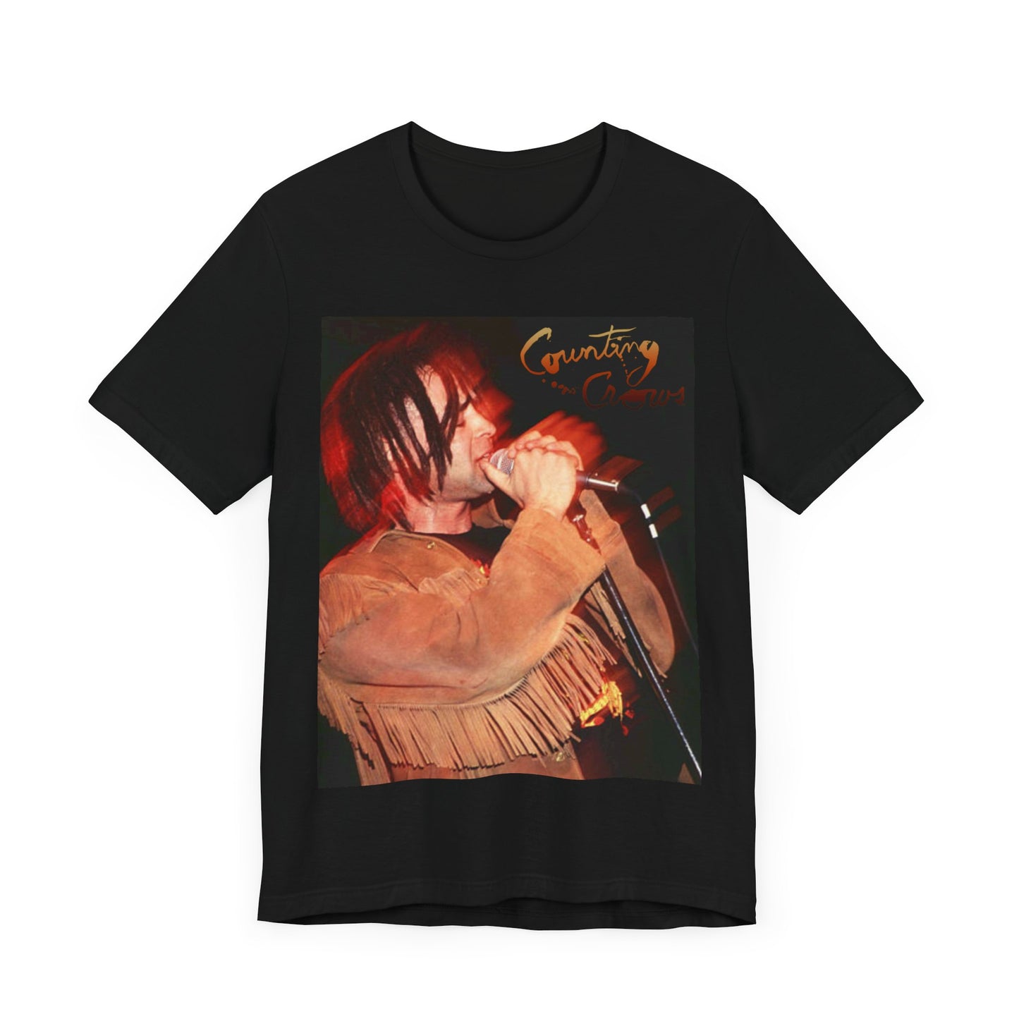A black graphic t-shirt featuring a retro graphic related to Counting Crows' "Mr. Jones" song or era.