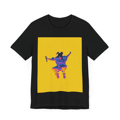A stylized graphic of Billie Eilish jumping in the air with a microphone, rendered with psychedelic thermal colors against a solid yellow background.