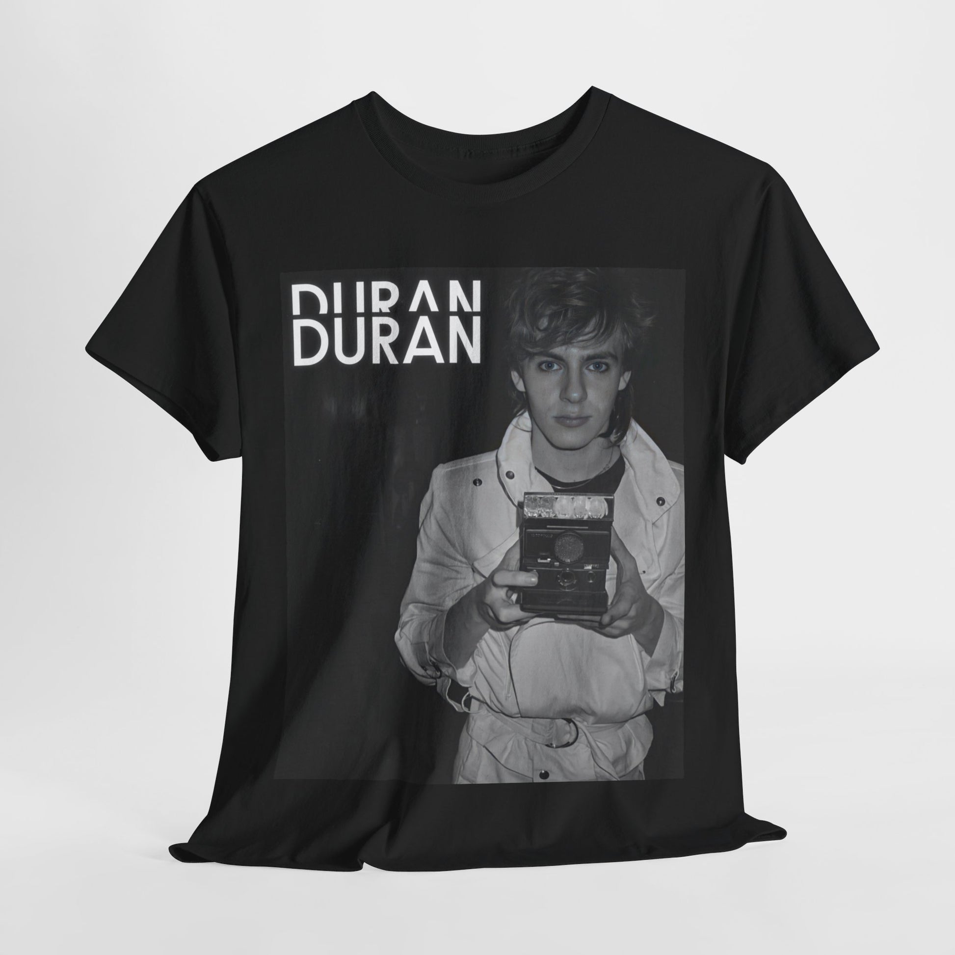 A black graphic t-shirt featuring an 80s black and white Polaroid-style photo of Duran Duran.