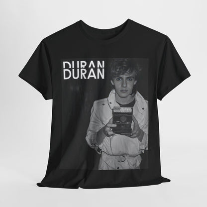 A black graphic t-shirt featuring an 80s black and white Polaroid-style photo of Duran Duran.