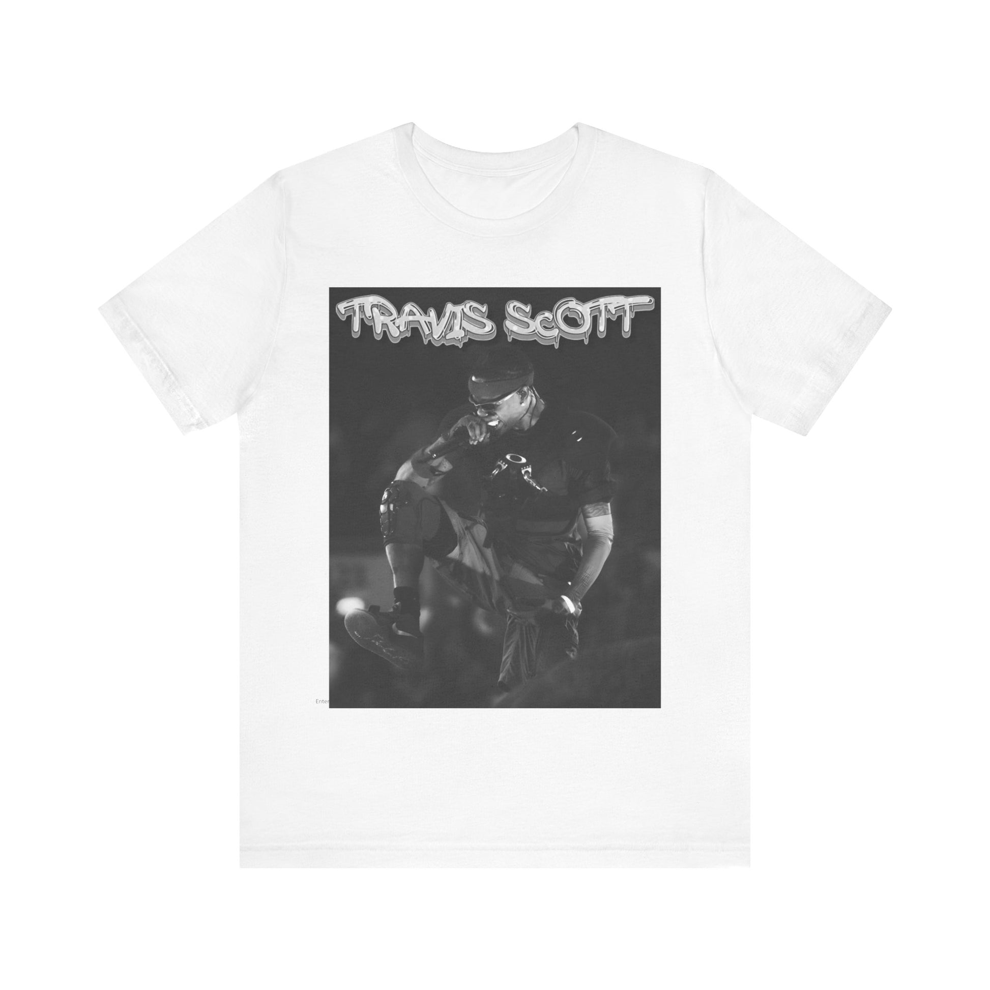 A black graphic t-shirt featuring a casual rap fan graphic of Travis Scott.
