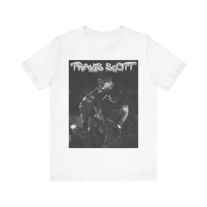 A black graphic t-shirt featuring a casual rap fan graphic of Travis Scott.