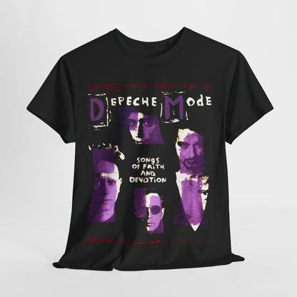A black graphic t-shirt featuring a graphic related to Depeche Mode's 'Songs of Faith and Devotion' album.