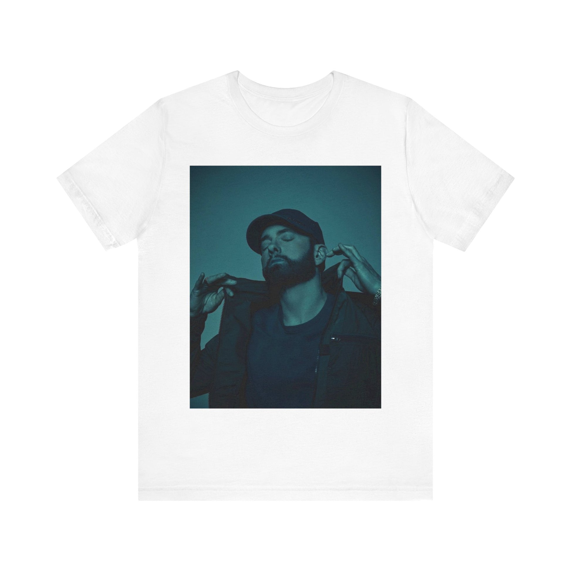 A black graphic t-shirt featuring a graphic of Eminem as a 'Rap God'.