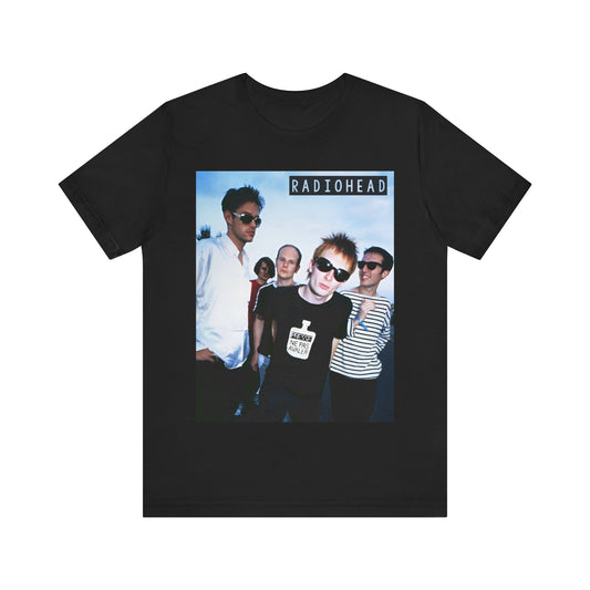 A black graphic t-shirt featuring a vintage alt rock graphic of Radiohead.