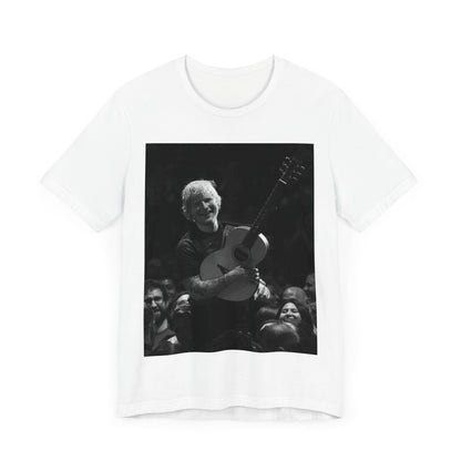 A black graphic t-shirt featuring a photo of Ed Sheeran performing live with his guitar.
