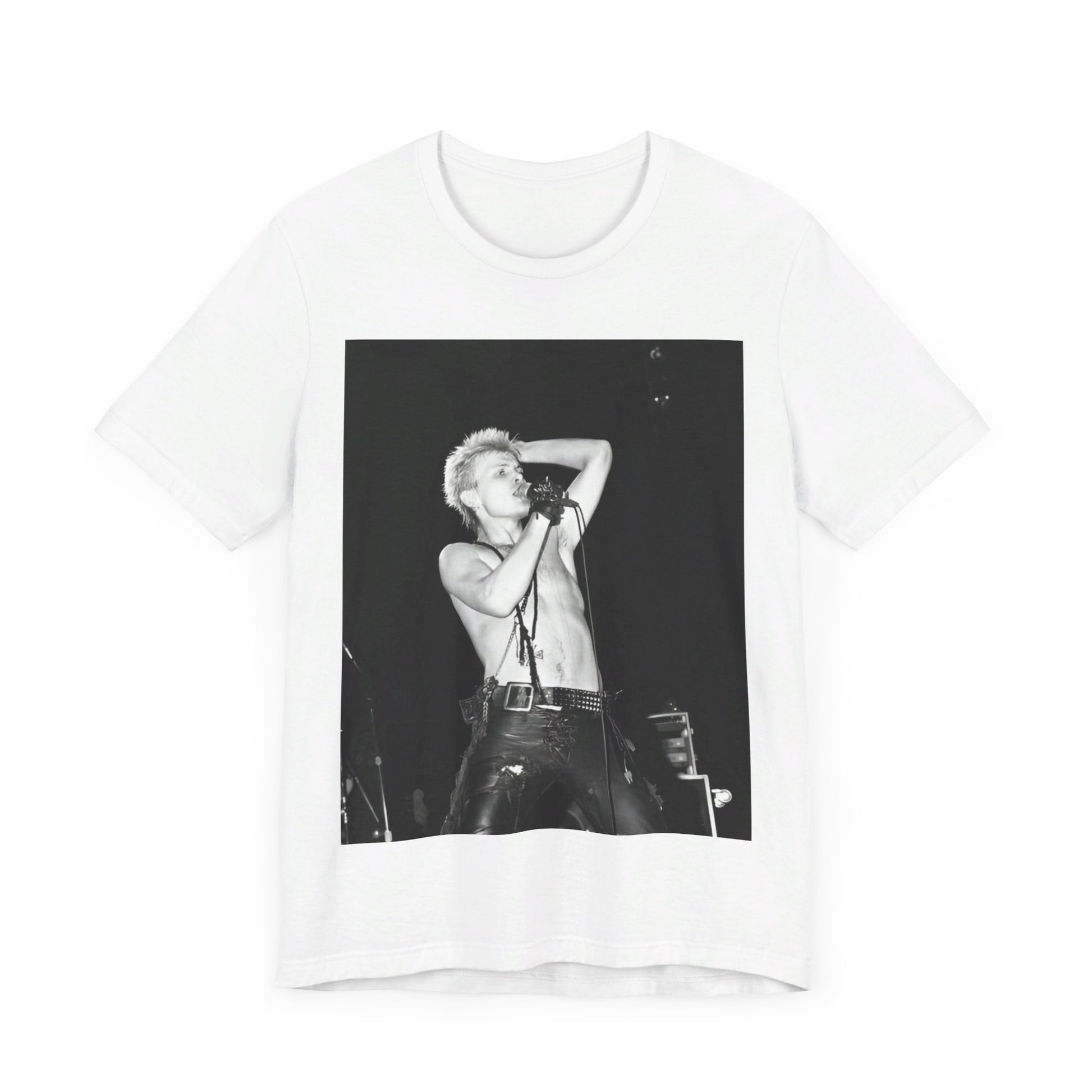 A black graphic t-shirt featuring a graphic related to Billy Idol's 'White Wedding' era, with a distinctive aesthetic.