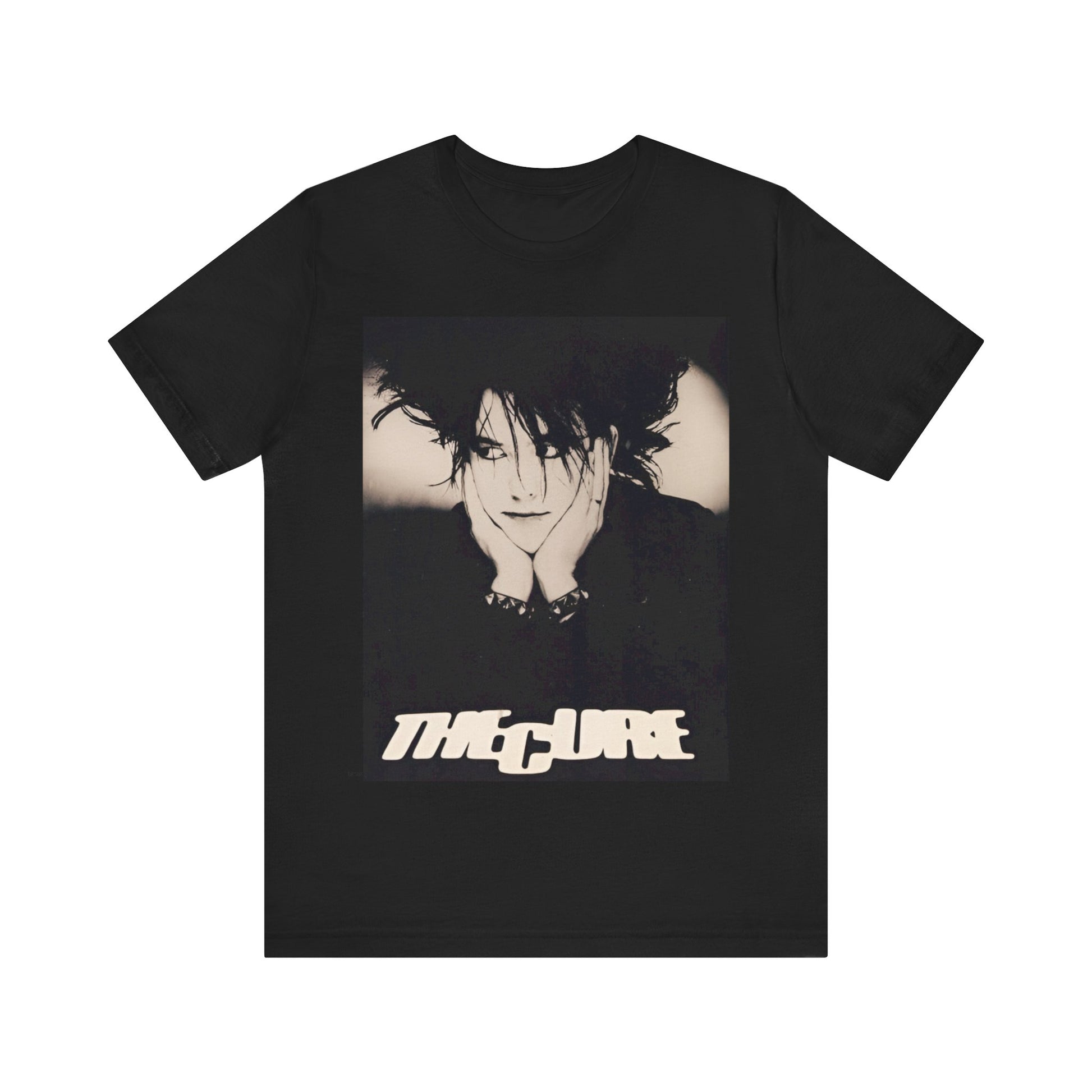 A black graphic t-shirt featuring a graphic of The Cure with cool new wave vibes.