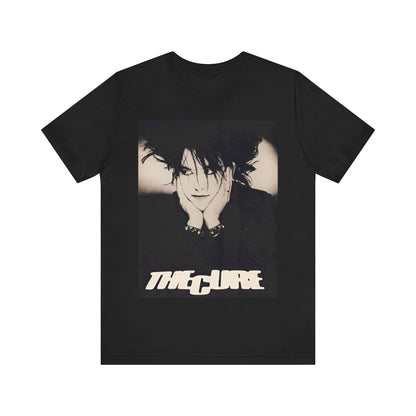 A black graphic t-shirt featuring a graphic of The Cure with cool new wave vibes.