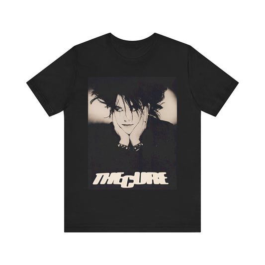 A black graphic t-shirt featuring a graphic of The Cure with cool new wave vibes.